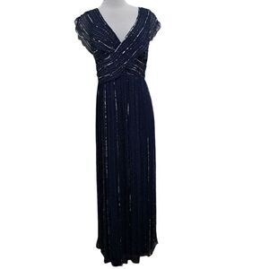 Patra Silk Elegant Sequin Beaded V Neck Party Maxi Dress Size 12 Navy